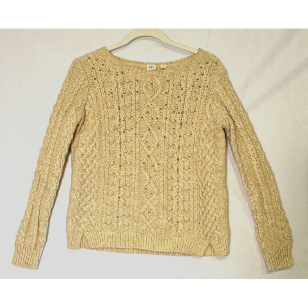 GAP Women's Beige Cable Knit Sequin Pullover Sweater SM Boat Neck Elevated Cozy